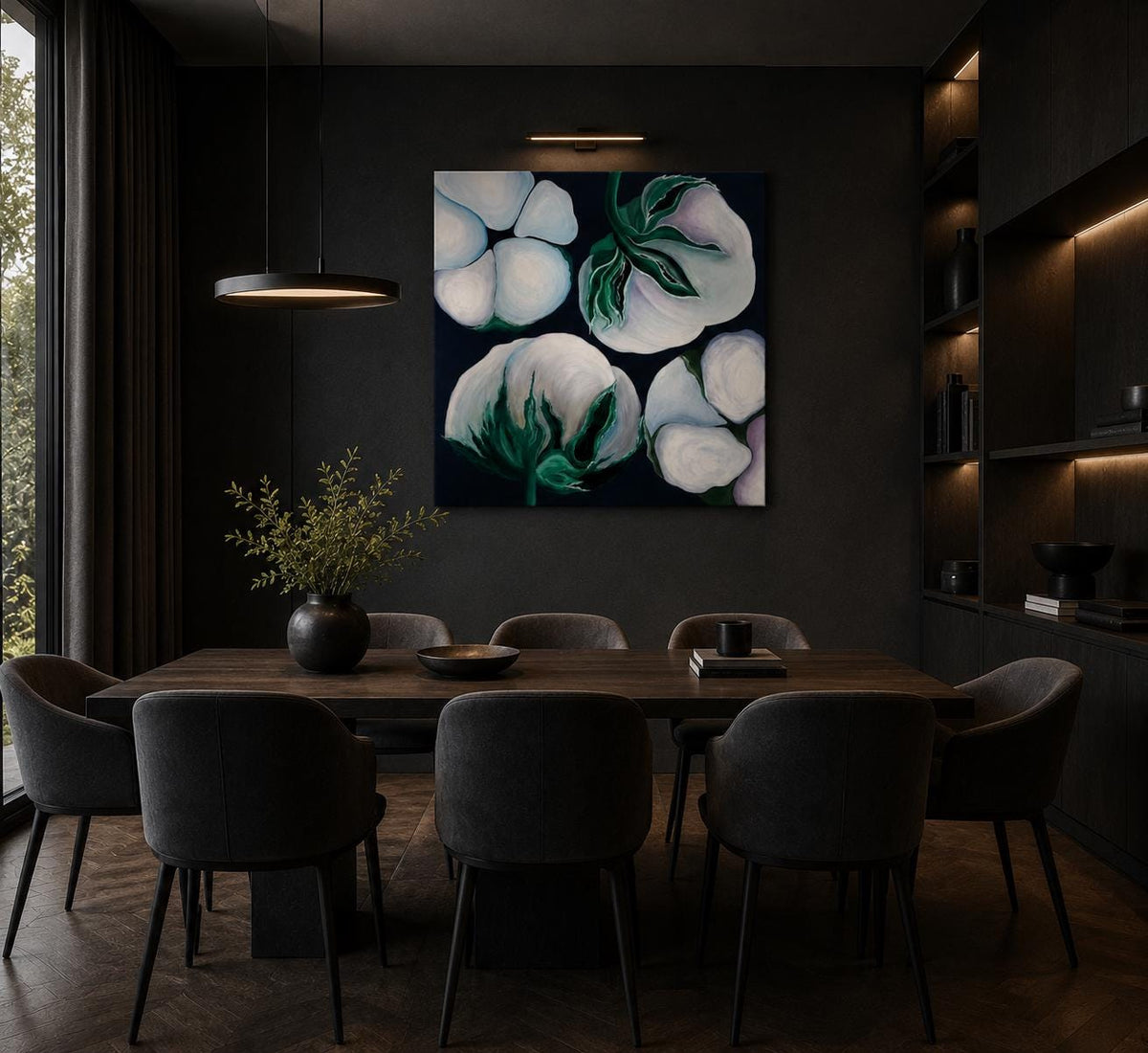 Cotton Flowers shown in a styled dark dining room mockup