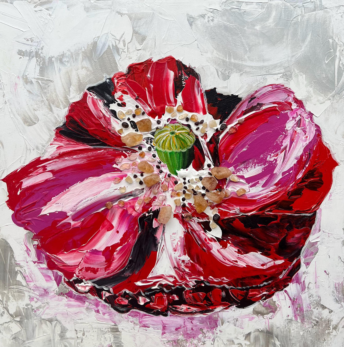 Red Poppy, original acrylic painting by Veronika Melnyk, front view