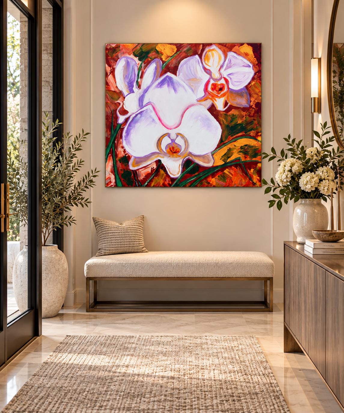 White Orchids shown in a styled hallway mockup
