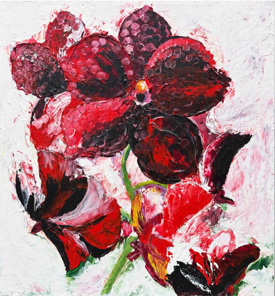Red Orchid, original acrylic painting by Veronika Melnyk, front view