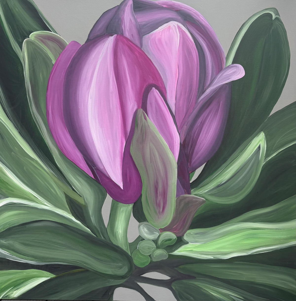 Magenta Magnolia, original acrylic painting by Veronika Melnyk, front view