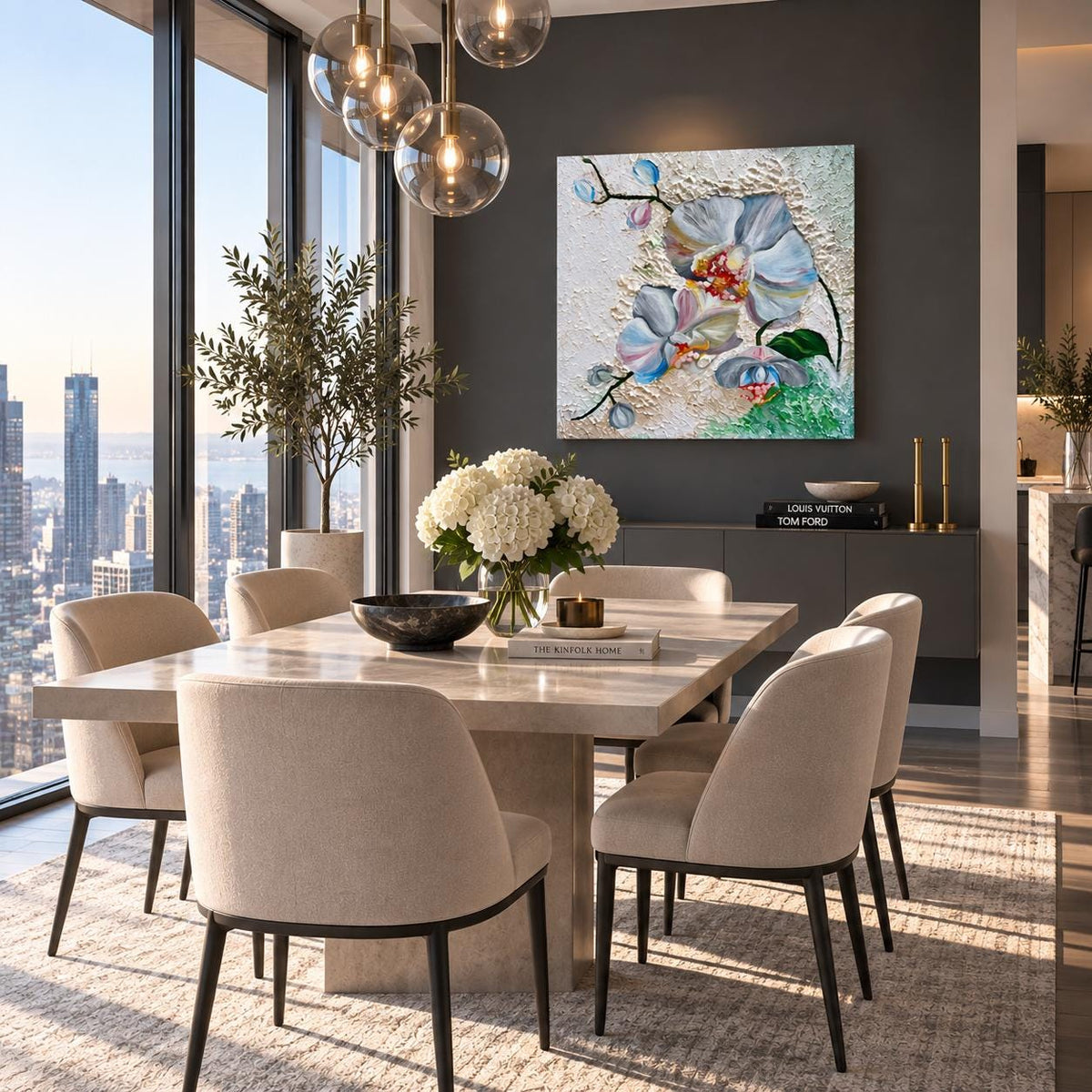 White Orchid with Citrine shown in a styled dining room mockup