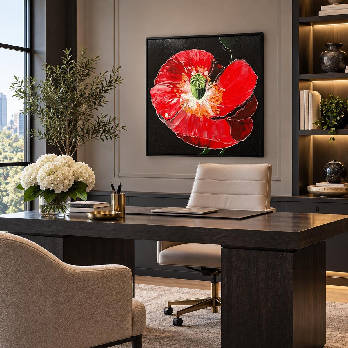 Additional photograph of Ruby Poppy, original acrylic painting by Veronika Melnyk