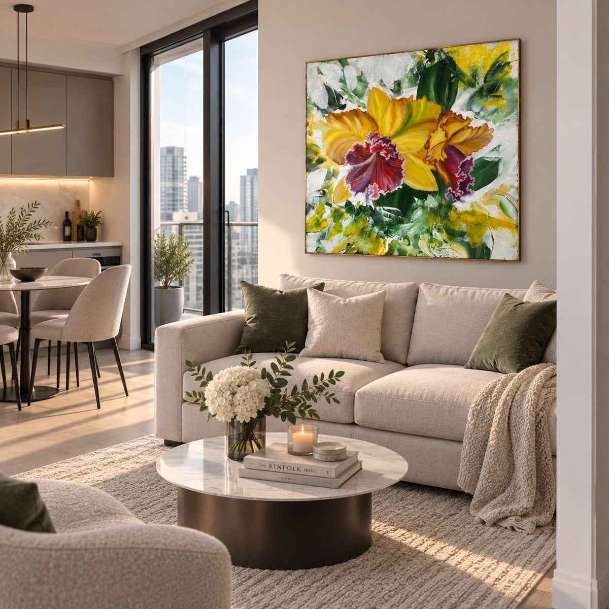 Additional photograph of Yellow Orchid, original acrylic painting by Veronika Melnyk