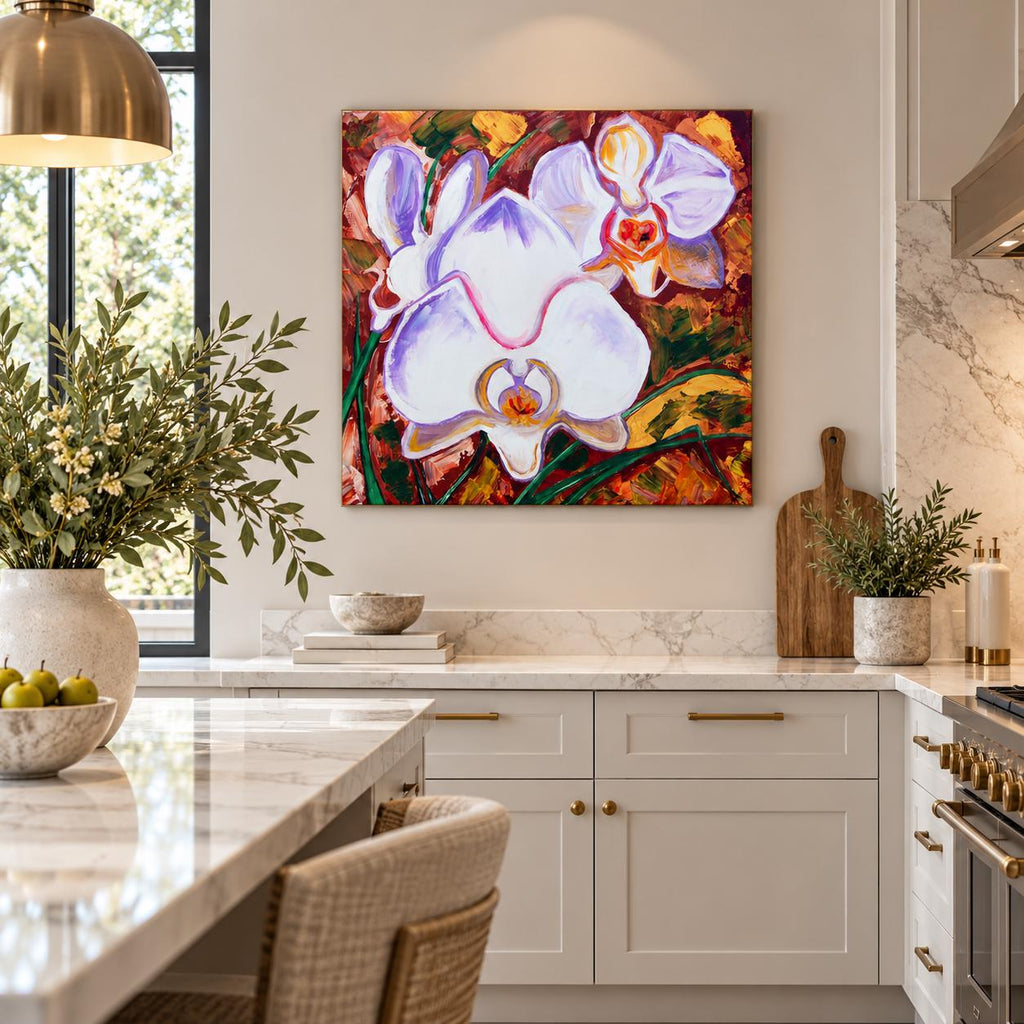 White Orchids shown in a styled sofa mockup