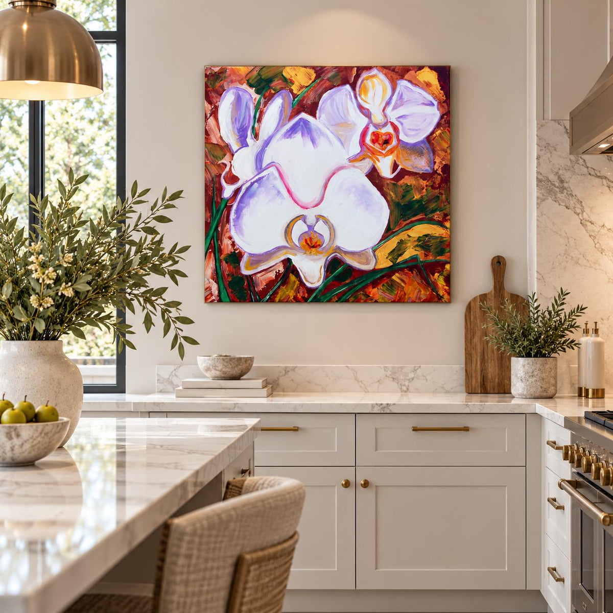 White Orchids shown in a styled sofa mockup
