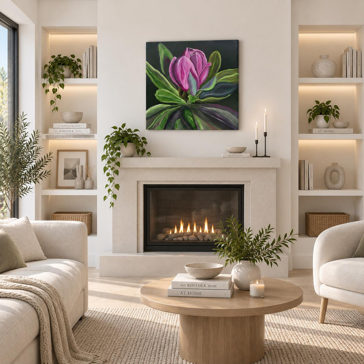Raspberry Magnolia shown in a styled living room mockup