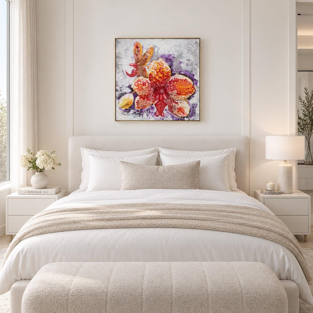 Yellow Orchid shown in a styled bedroom mockup