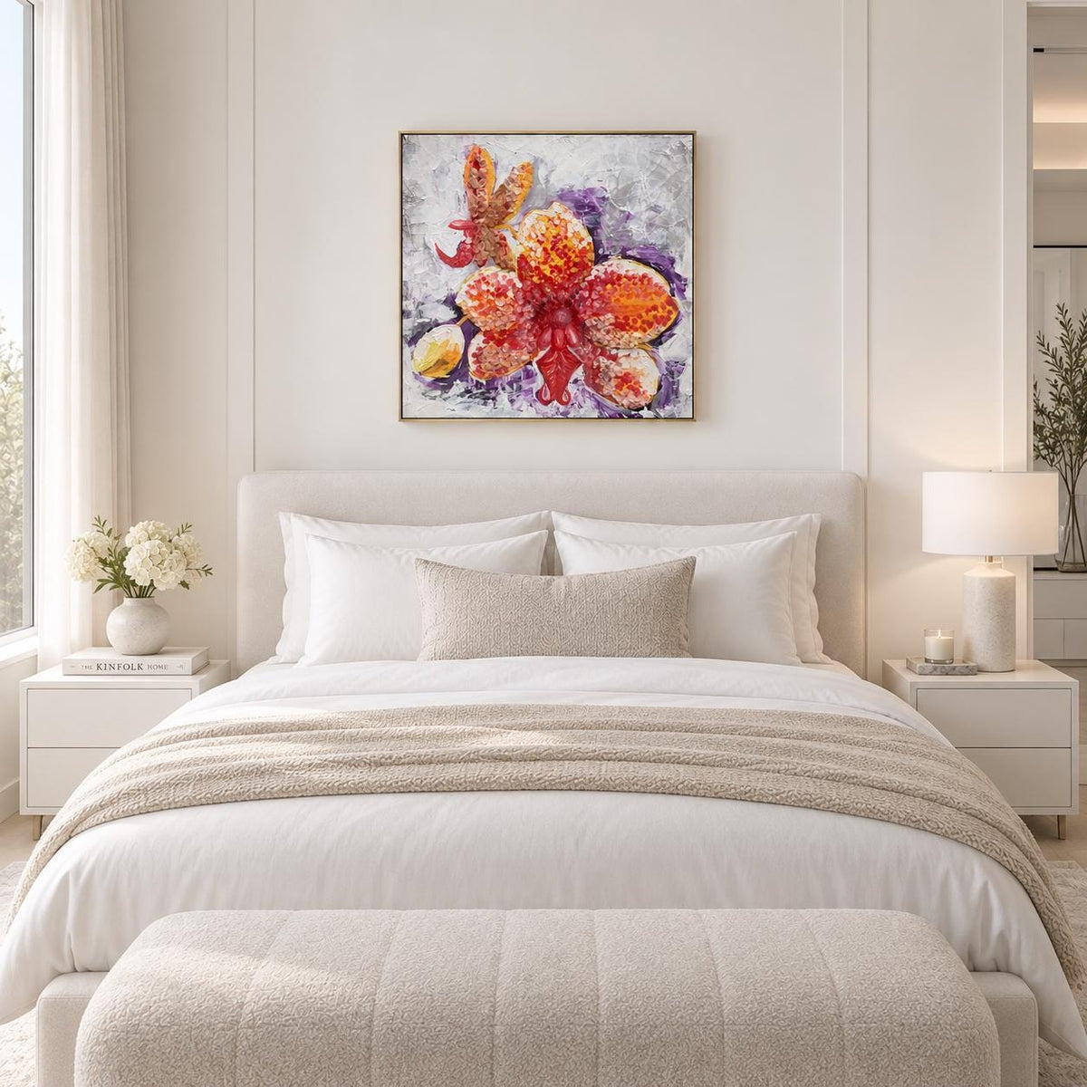Yellow Orchid shown in a styled bedroom mockup