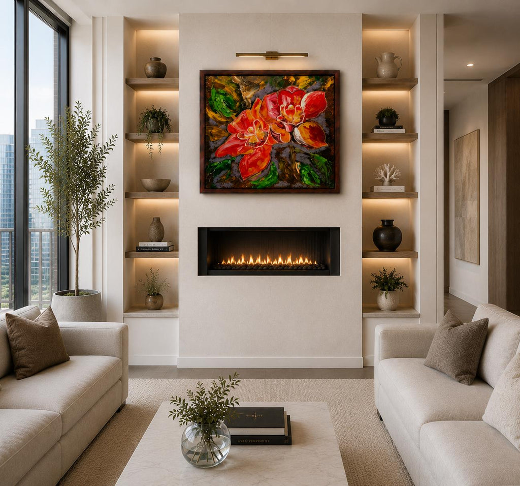 Red Orchid shown in a styled living room mockup