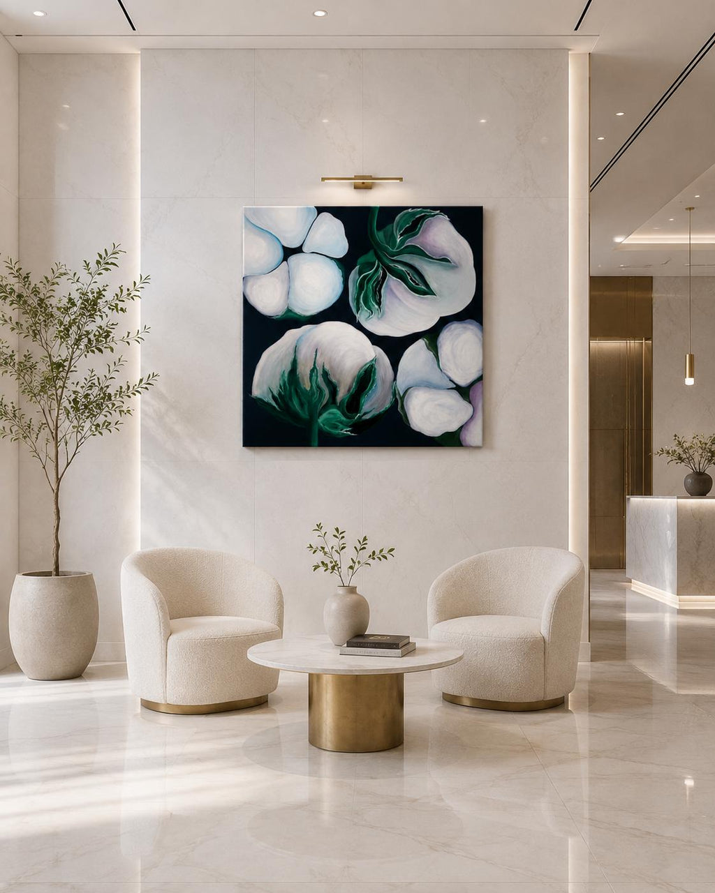 Cotton Flowers shown in a styled light sitting room mockup