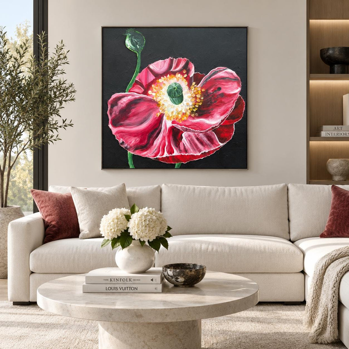 Black Poppy shown in a styled light living room mockup