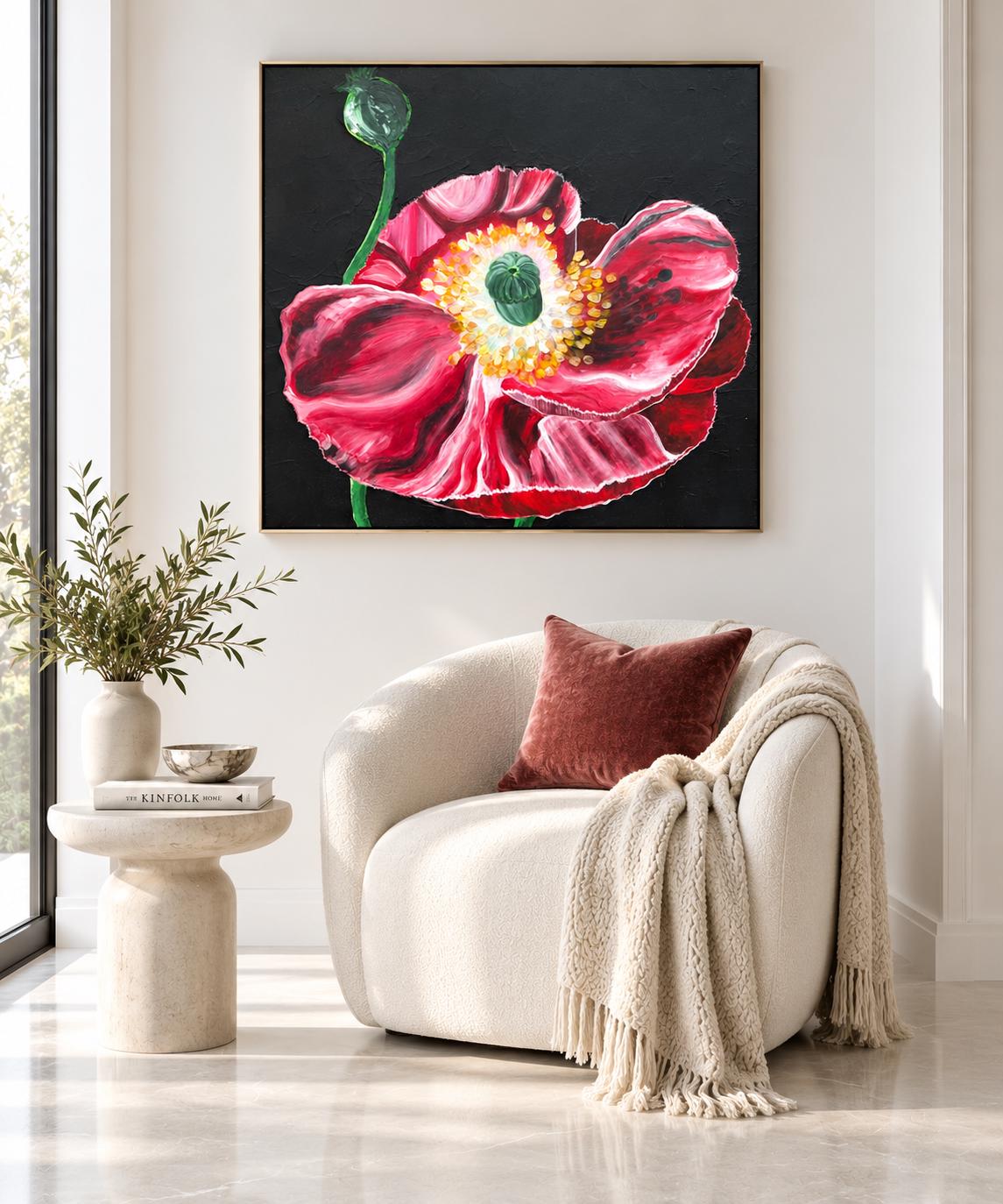 Black Poppy shown in a styled chair corner mockup