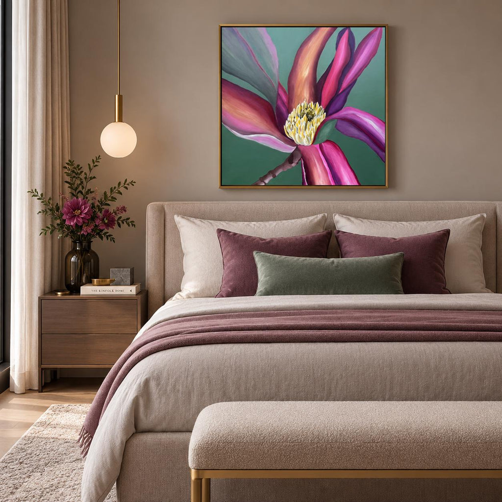 Magnolia Green shown in a styled bedroom mockup