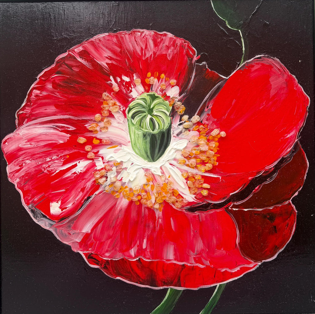 Ruby Poppy, original acrylic painting by Veronika Melnyk, front view