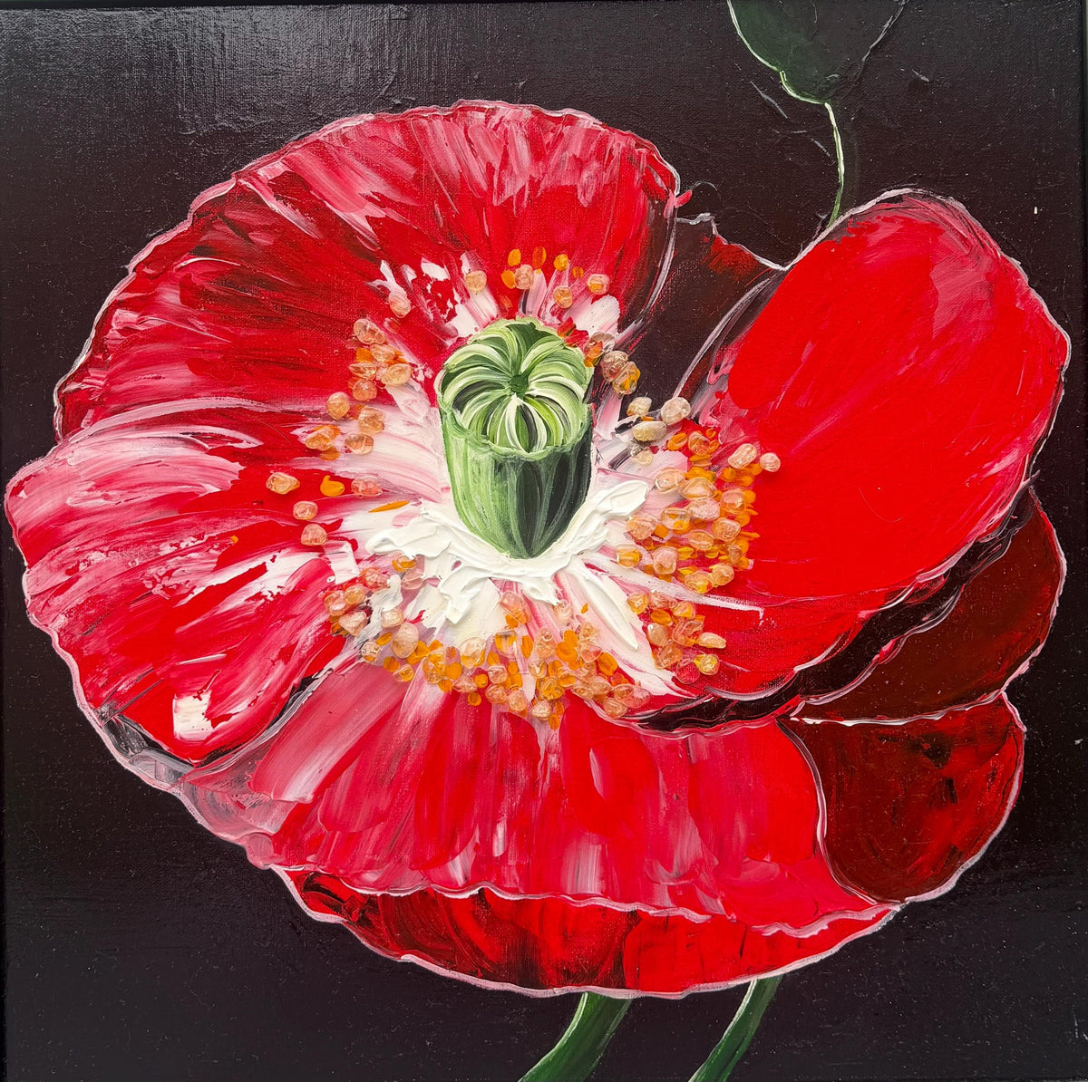 Ruby Poppy, original acrylic painting by Veronika Melnyk, front view