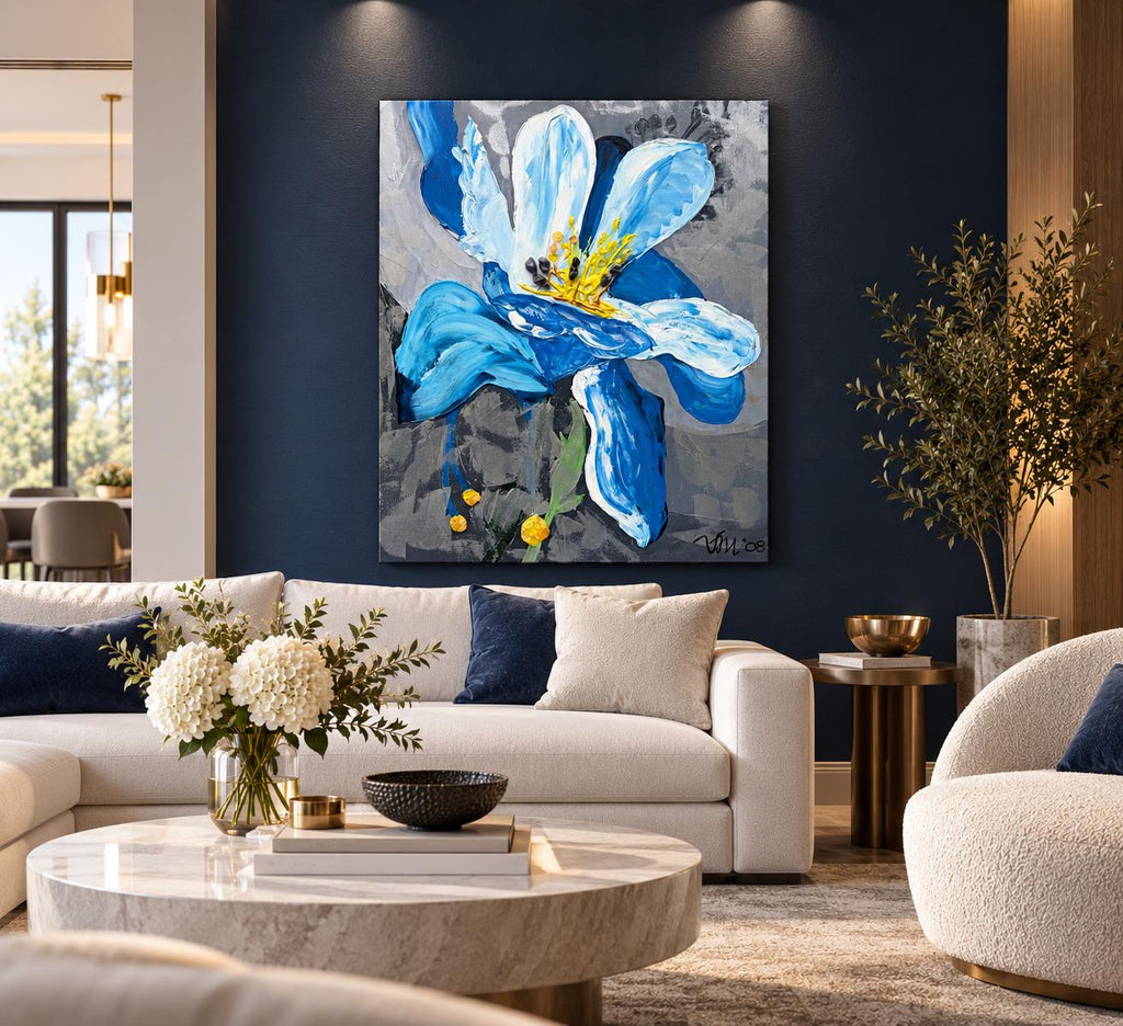 Additional photograph of Blue Iris, original acrylic painting by Veronika Melnyk