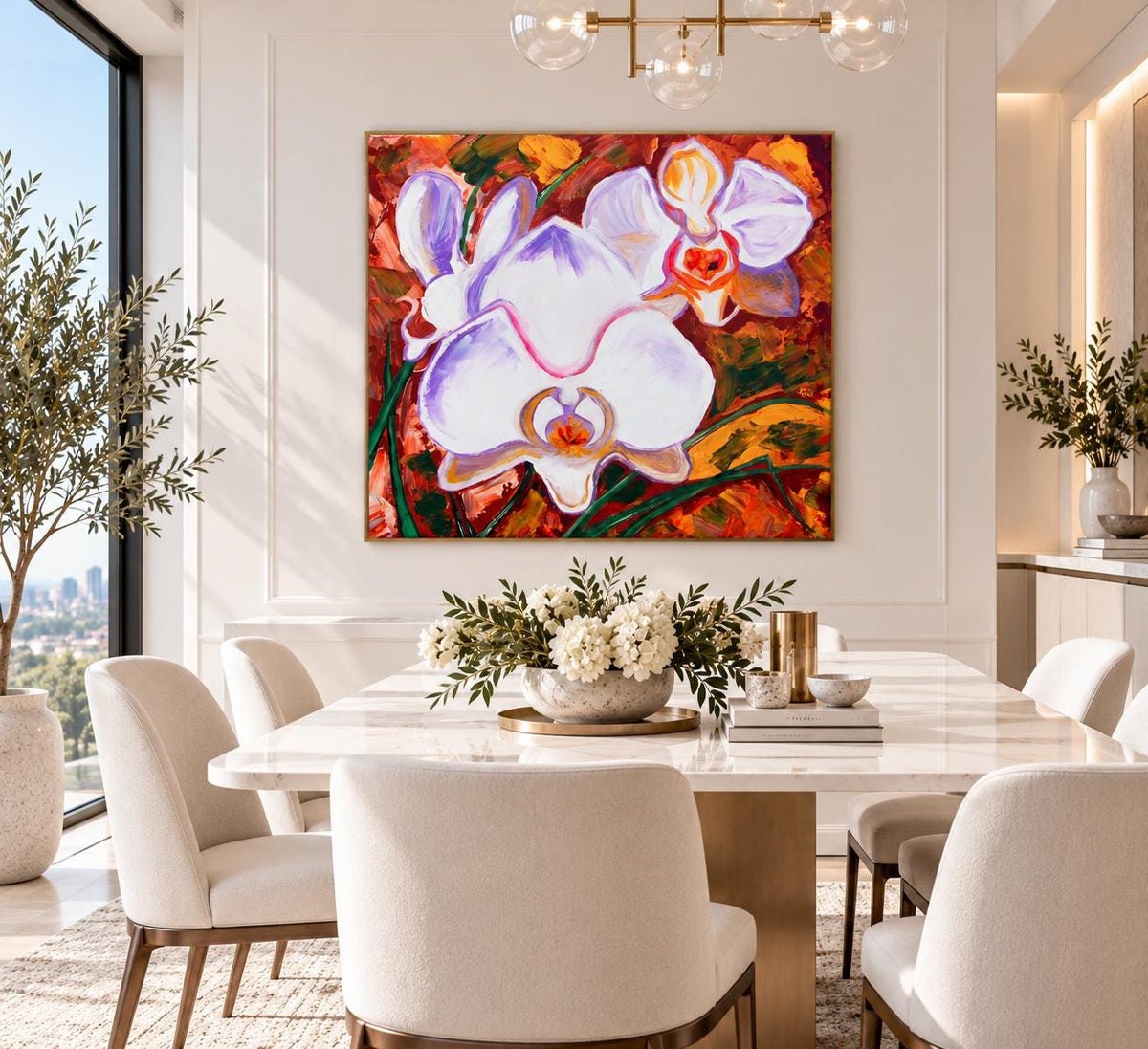 White Orchids shown in a styled bright dining room mockup