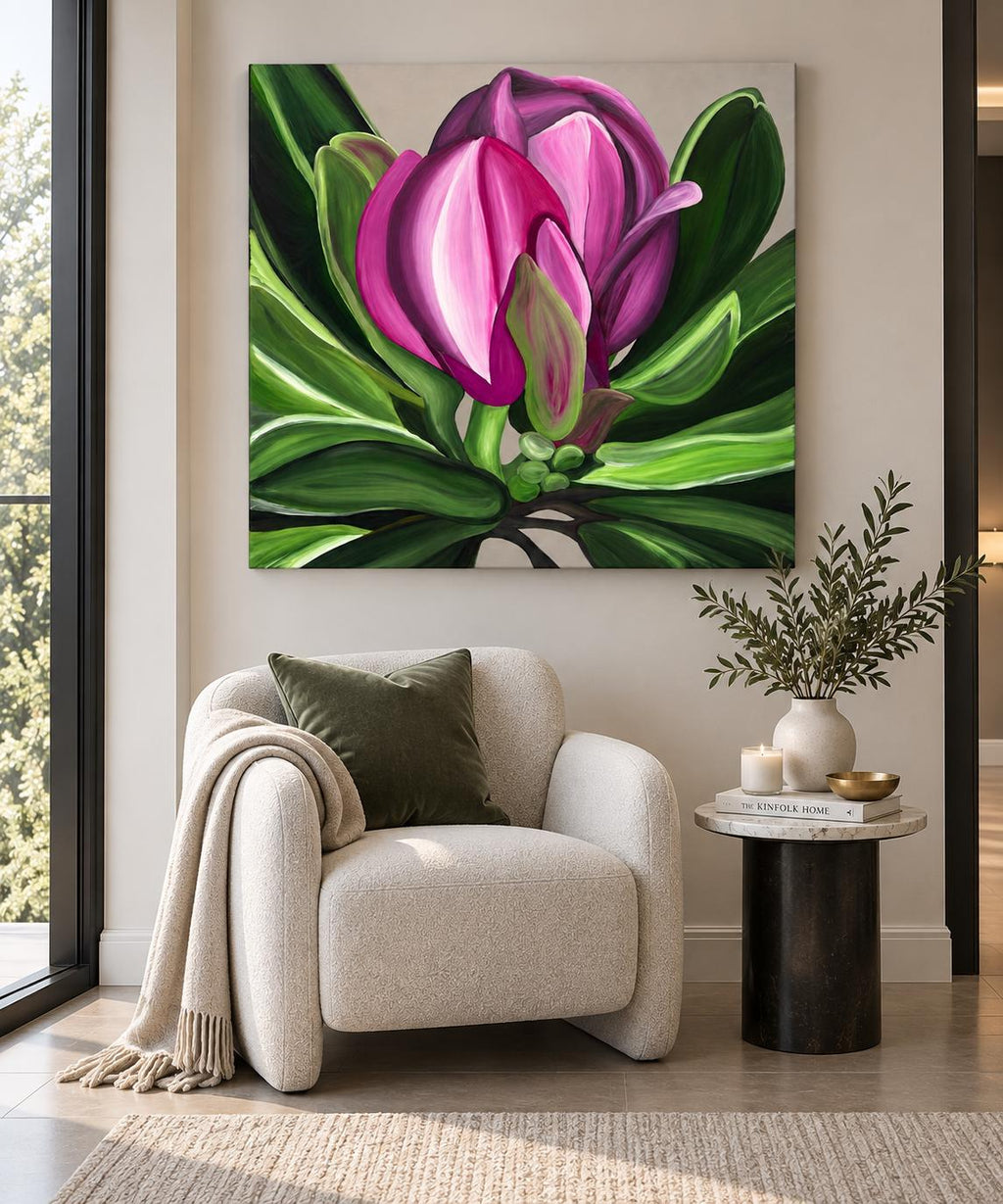 Additional photograph of Magenta Magnolia, original acrylic painting by Veronika Melnyk