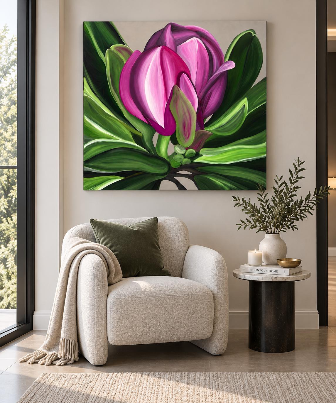 Additional photograph of Magenta Magnolia, original acrylic painting by Veronika Melnyk