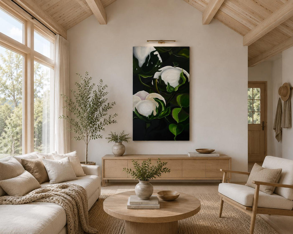 Cotton Flower II shown in a styled light living room mockup
