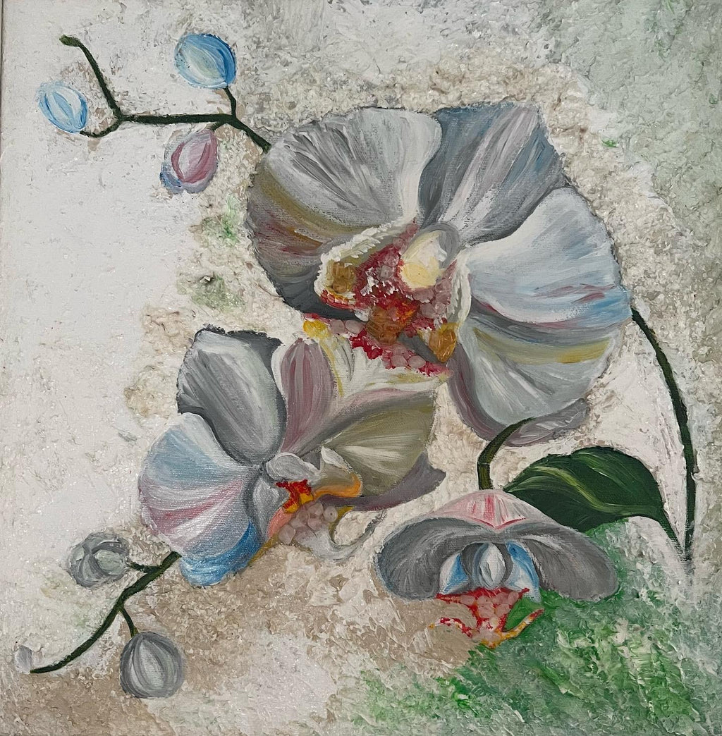 White Orchid with Citrine, original acrylic painting by Veronika Melnyk, front view
