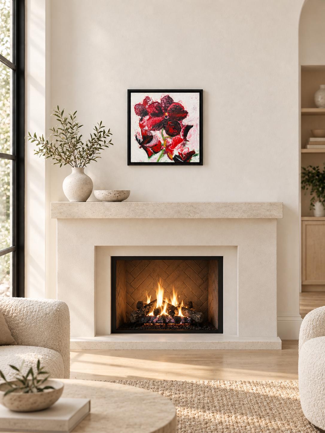 Red Orchid shown in a styled fireplace mockup