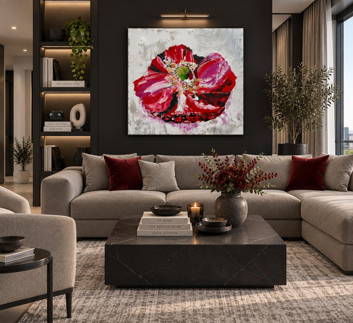 Red Poppy shown in a styled dark living room mockup