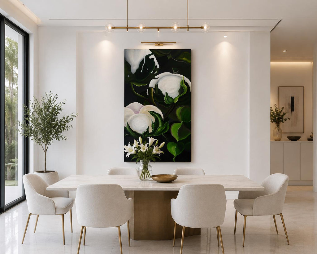 Cotton Flower II shown in a styled light dining room mockup