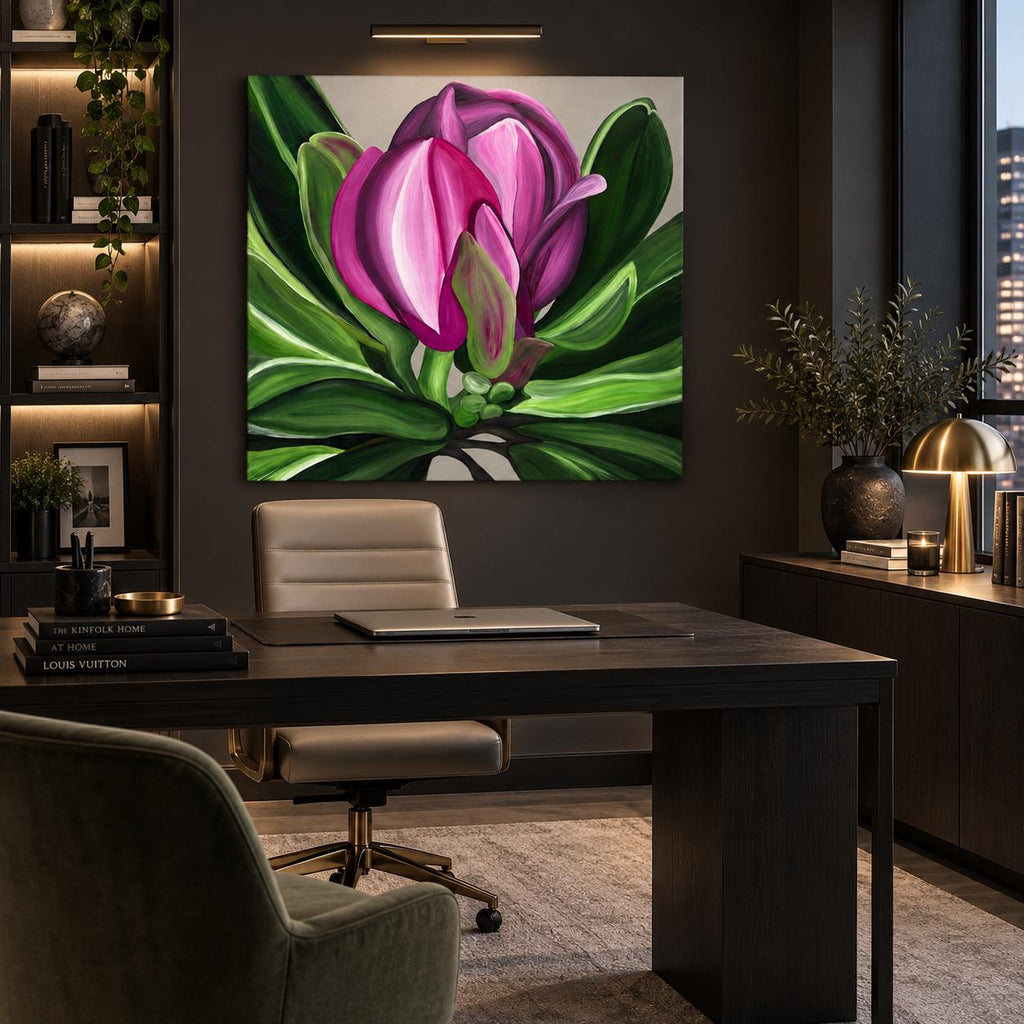 Magenta Magnolia shown in a styled dark dining room mockup