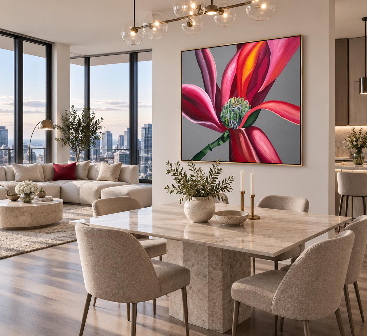 Grey Magnolia shown in a styled dining room mockup