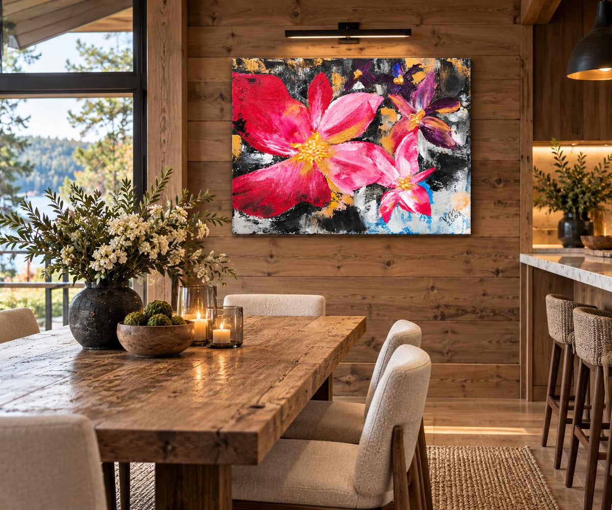 Additional photograph of Pink Abstract Orchids, original acrylic painting by Veronika Melnyk