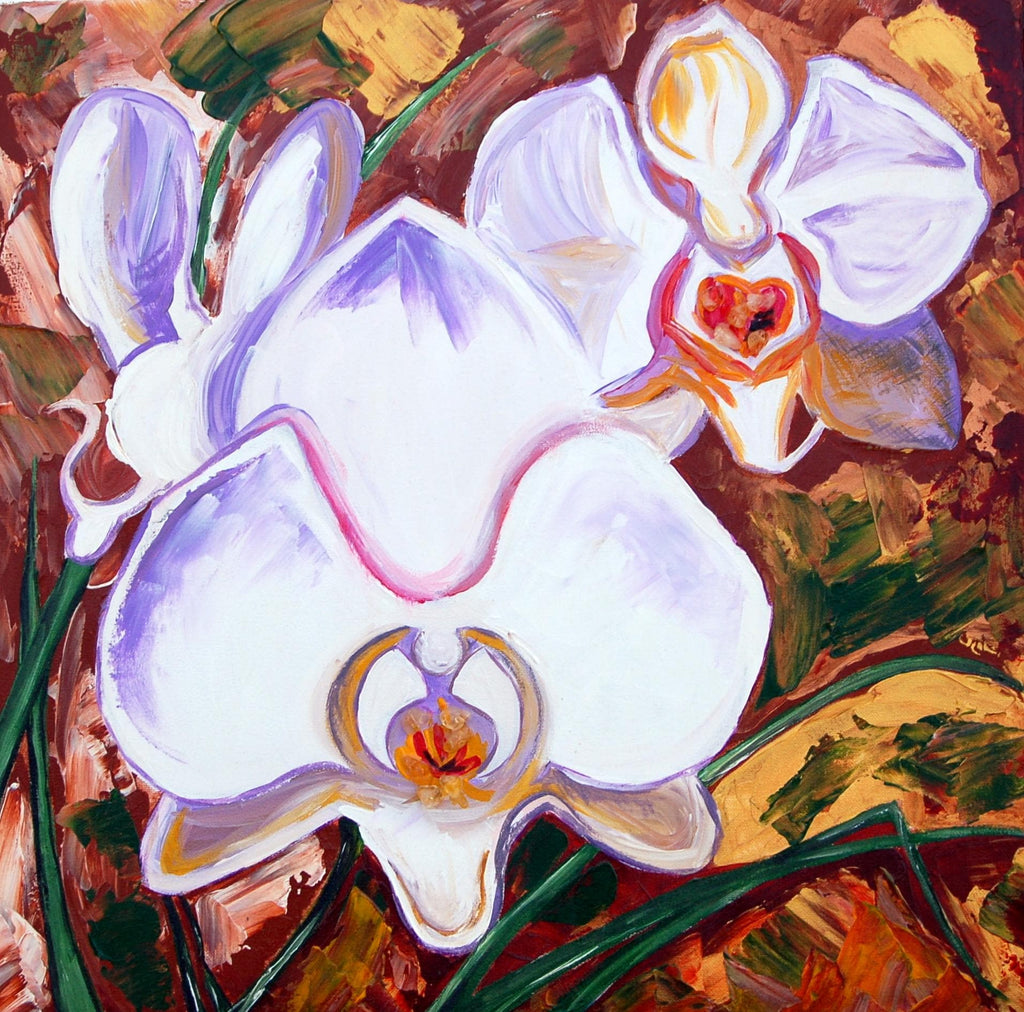 White Orchids, original acrylic painting by Veronika Melnyk, front view