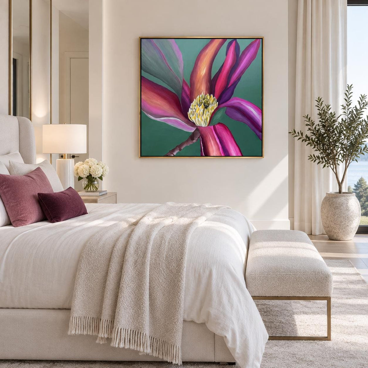Magnolia Green shown in a styled bedroom mockup