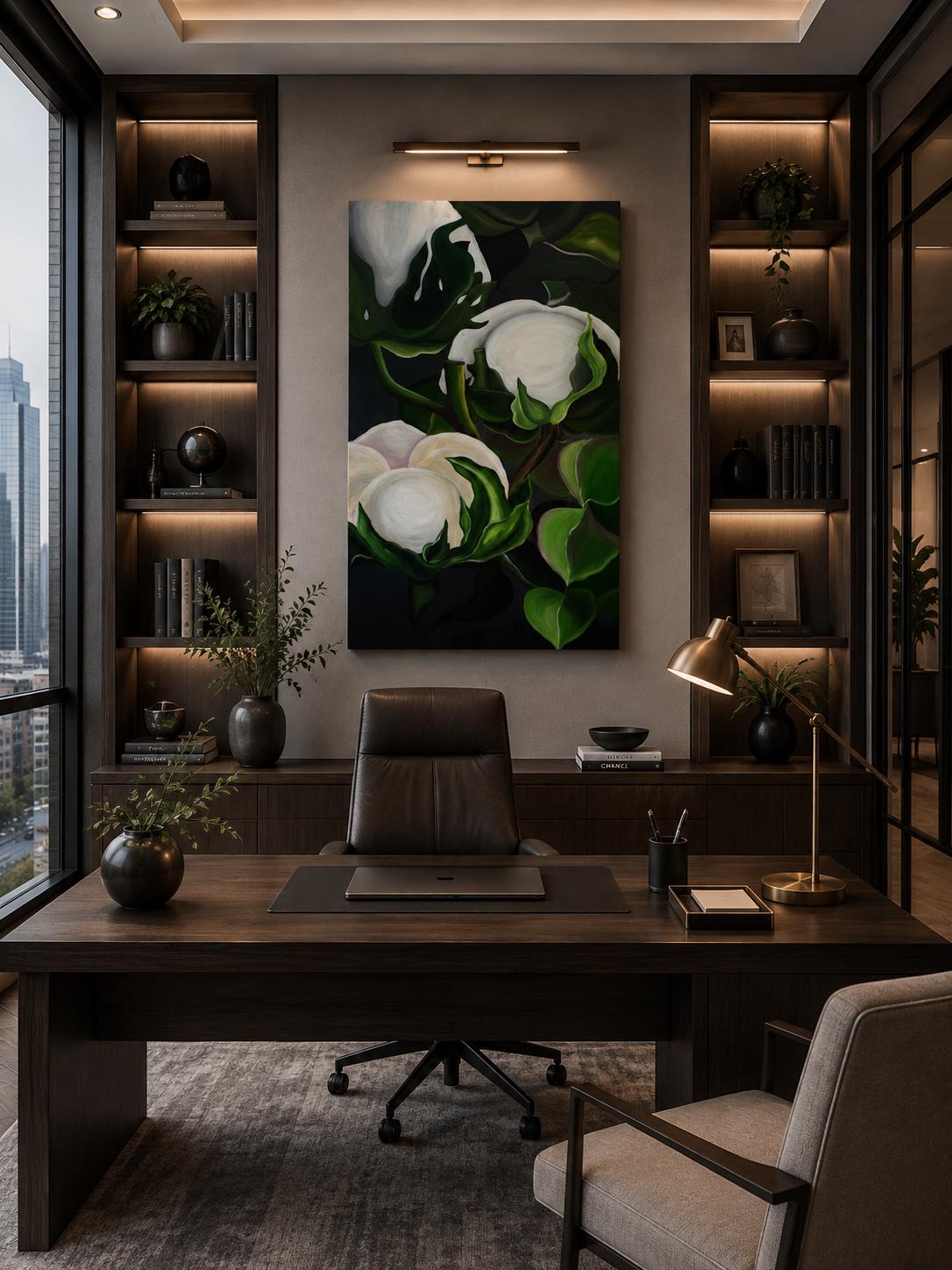 Cotton Flower II shown in a styled dark dining room mockup