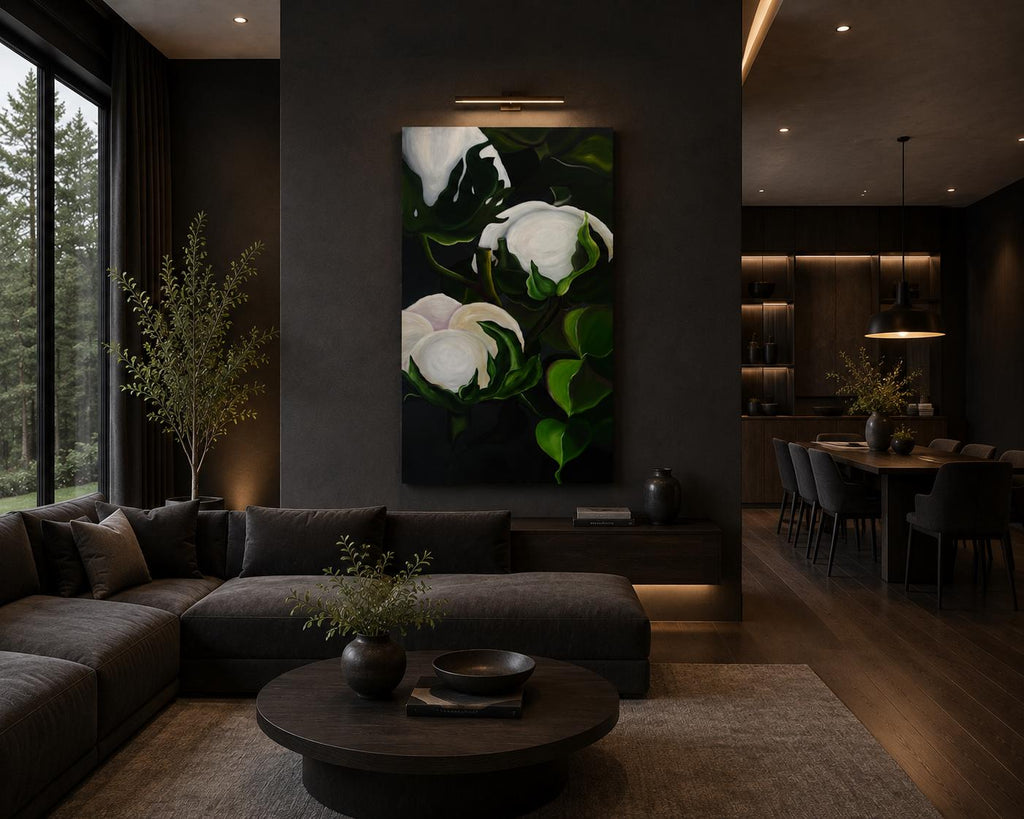 Cotton Flower II shown in a styled dark living room mockup
