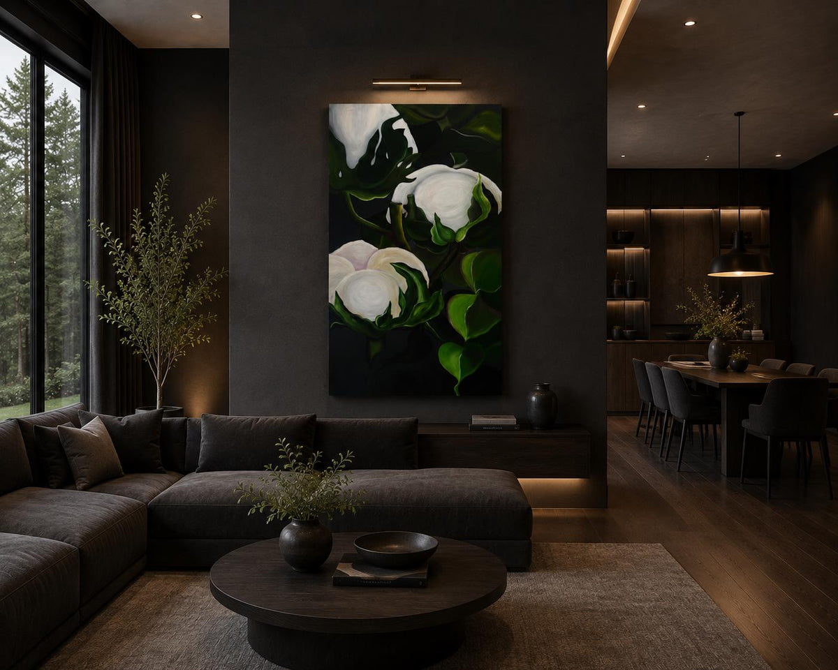 Cotton Flower II shown in a styled dark living room mockup
