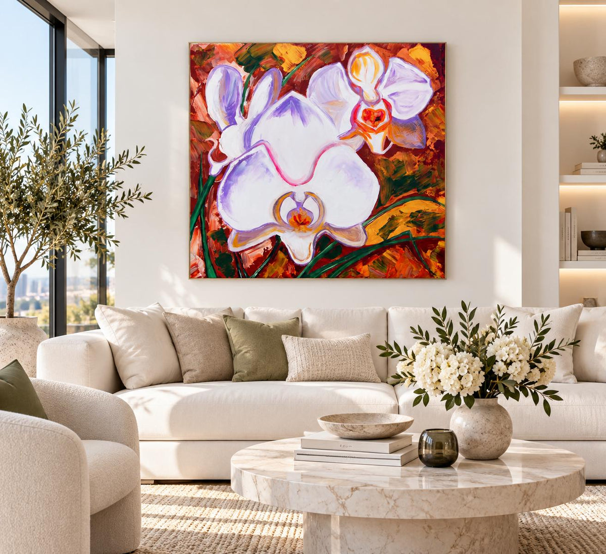 White Orchids shown in a styled living room mockup