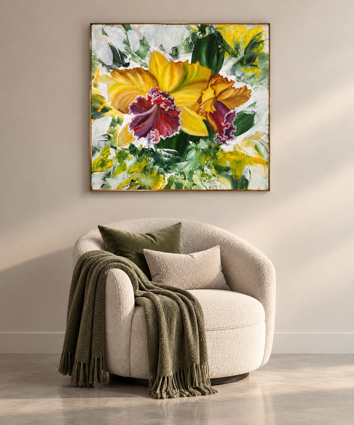 Yellow Orchid shown in a styled chair corner mockup