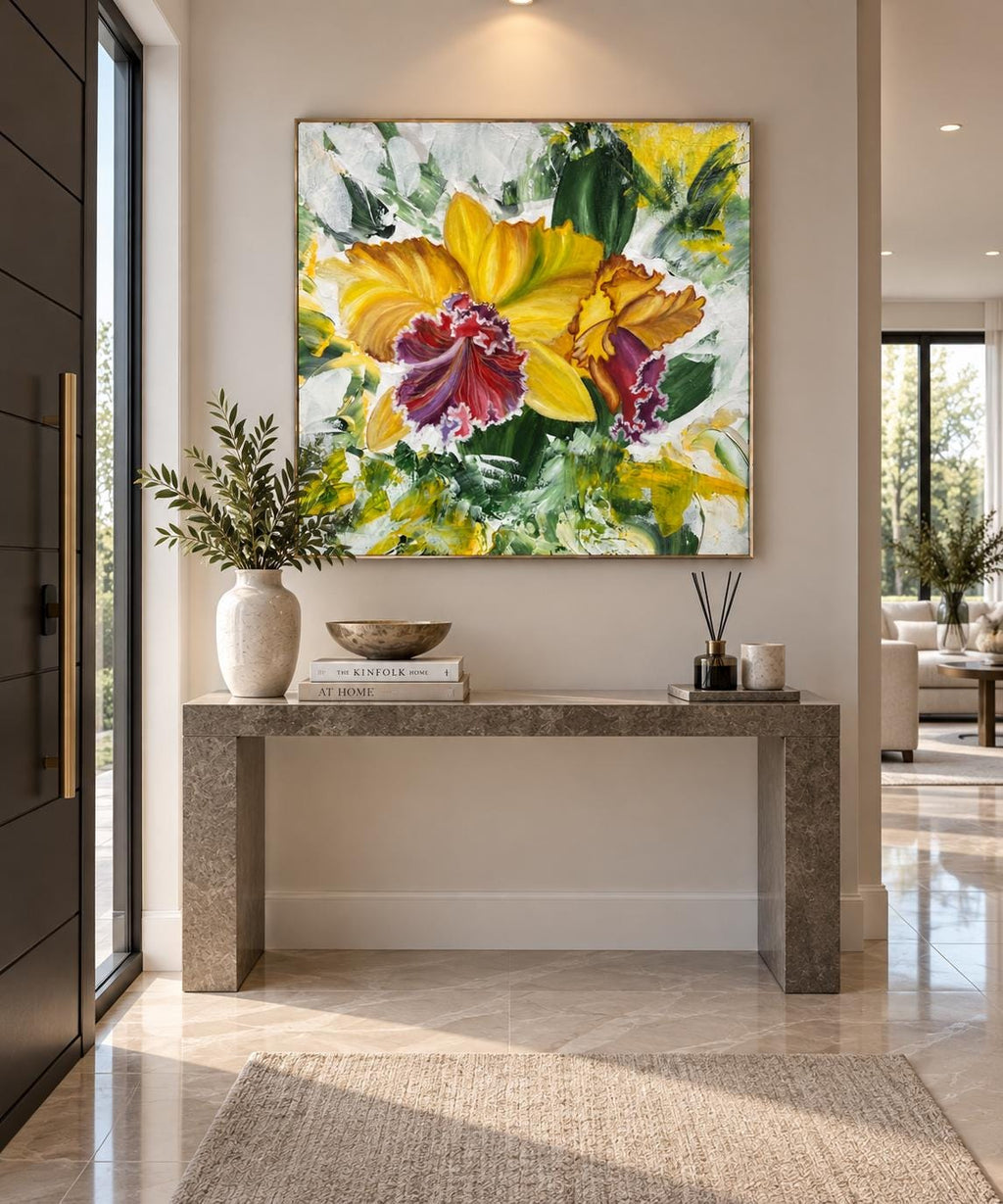 Additional photograph of Yellow Orchid, original acrylic painting by Veronika Melnyk