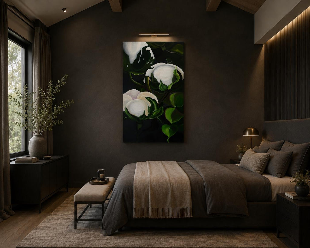 Cotton Flower II shown in a styled dark bedroom mockup