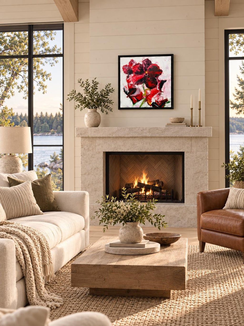 Red Orchid shown in a styled living room fireplace mockup