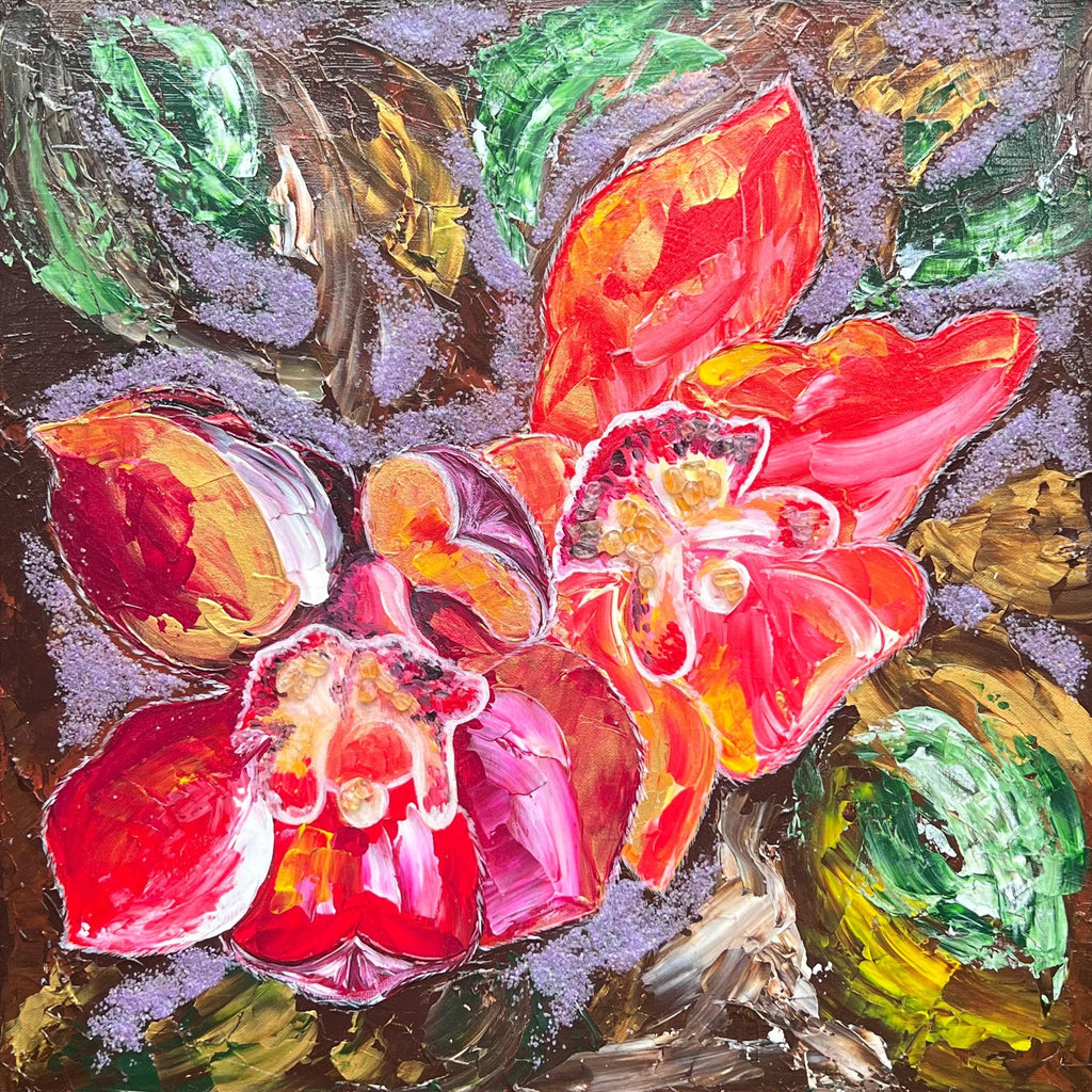 Red Orchid, original acrylic painting by Veronika Melnyk, front view