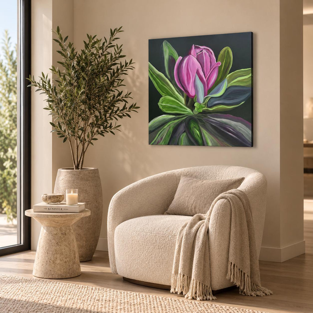 Raspberry Magnolia shown in a styled chair corner mockup