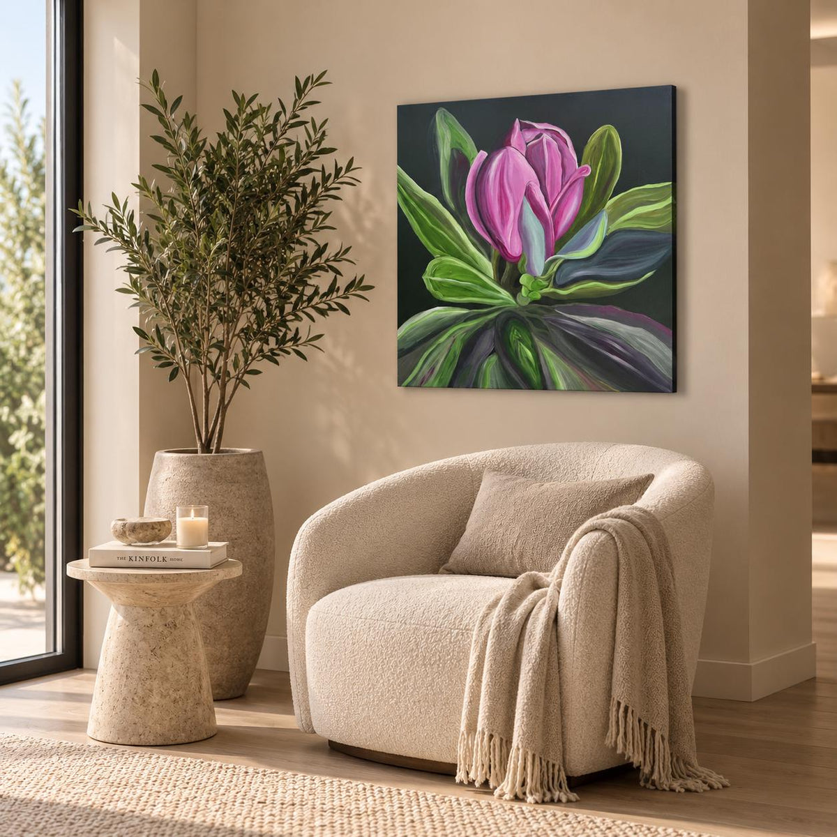 Raspberry Magnolia shown in a styled chair corner mockup