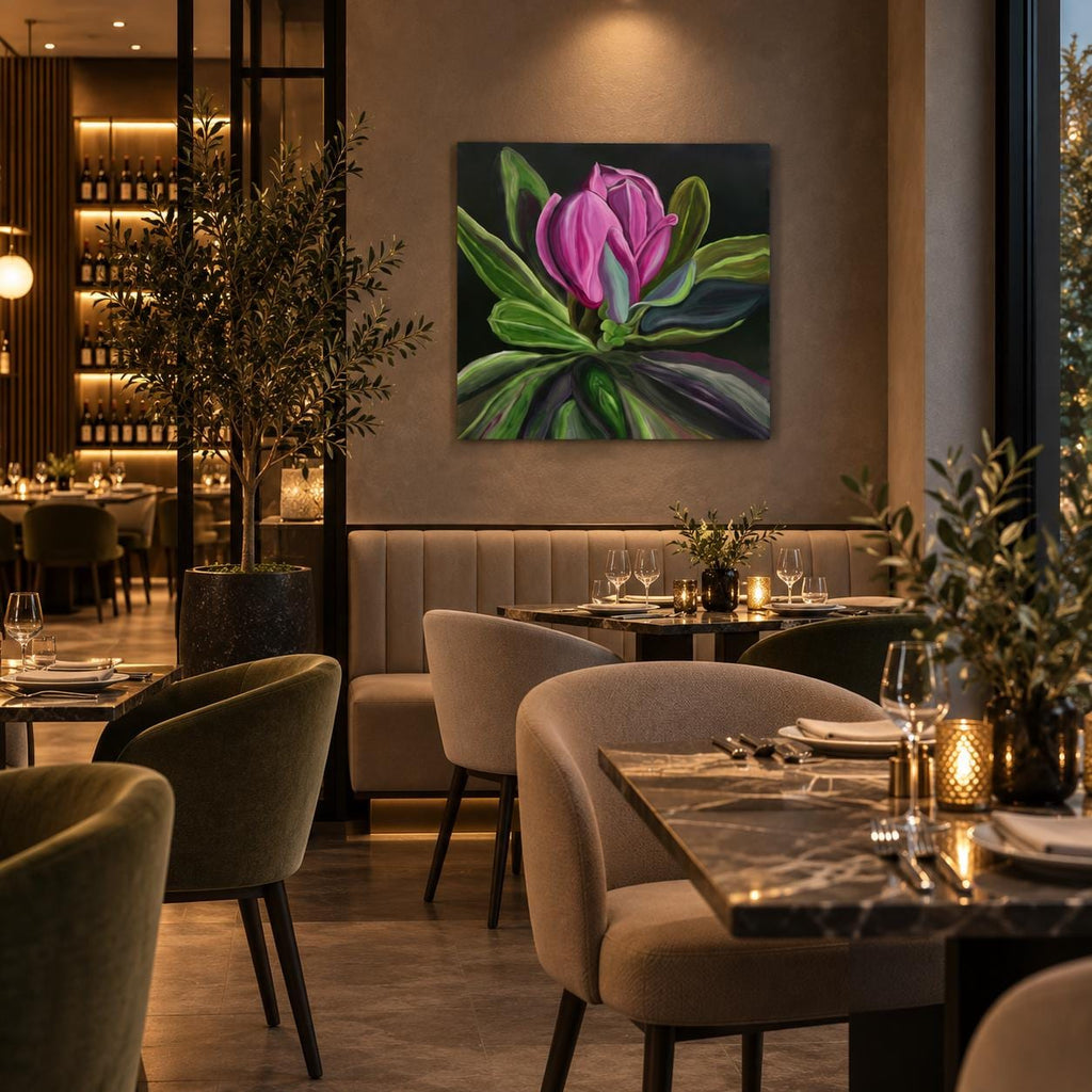 Raspberry Magnolia shown in a styled dark dining room mockup
