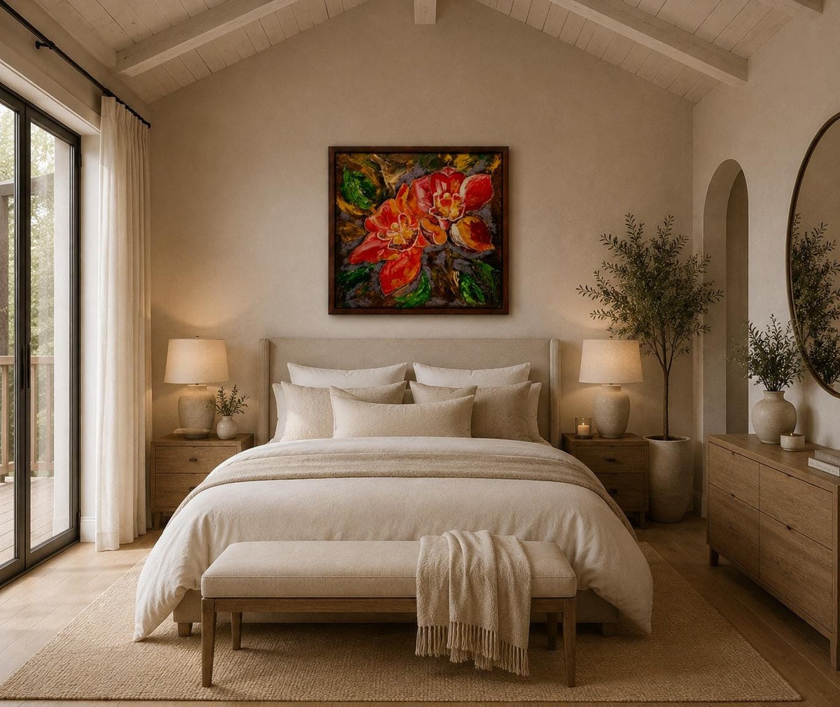 Additional photograph of Red Orchid, original acrylic painting by Veronika Melnyk