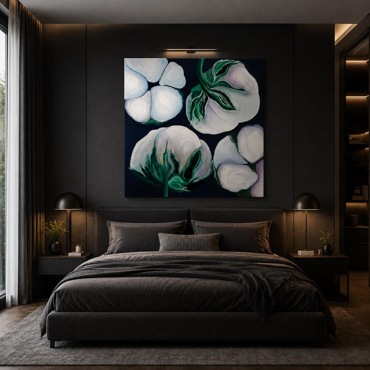 Cotton Flowers shown in a styled dark sofa mockup