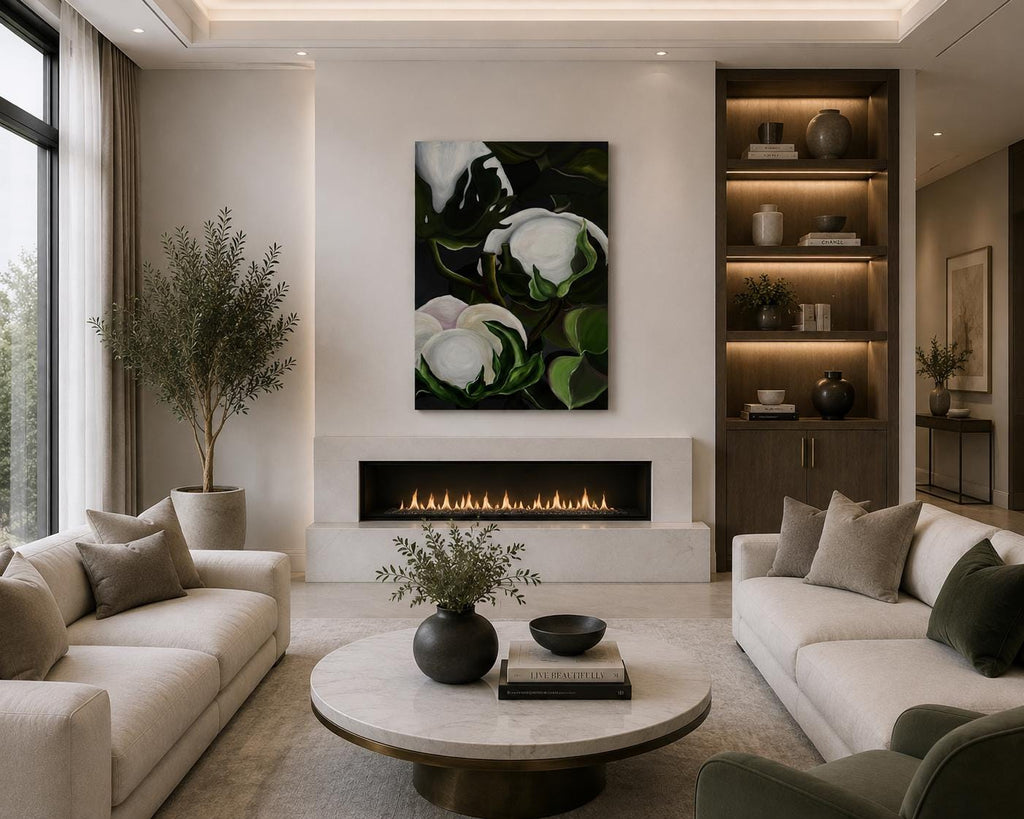 Cotton Flower II shown in a styled sofa mockup