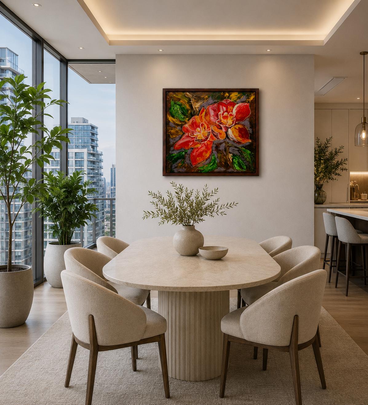 Additional photograph of Red Orchid, original acrylic painting by Veronika Melnyk